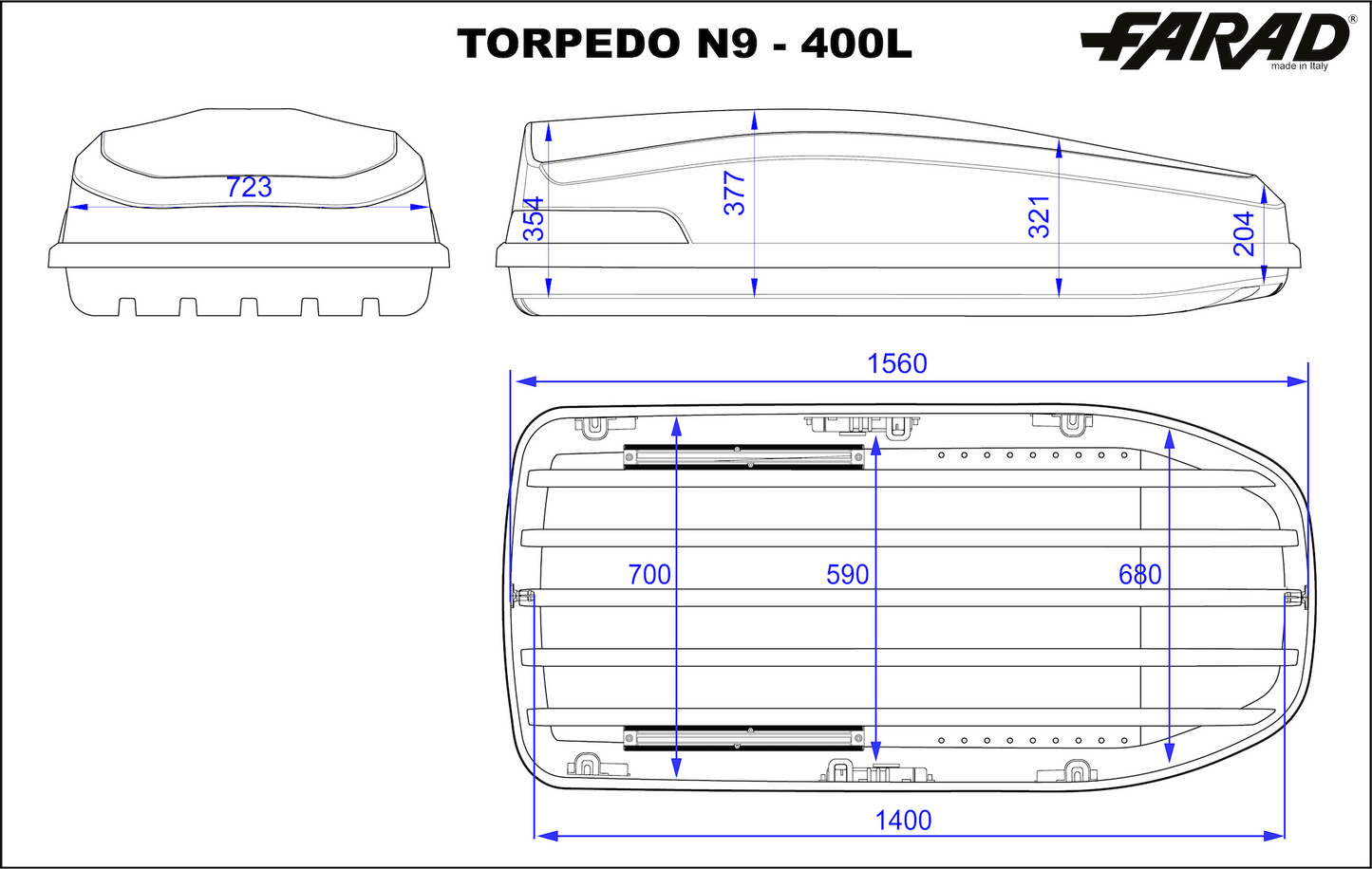 Box Da Tetto Farad Torpedo Nero Goffrato 400L 1-9631 N/9 + Attacco Rapido