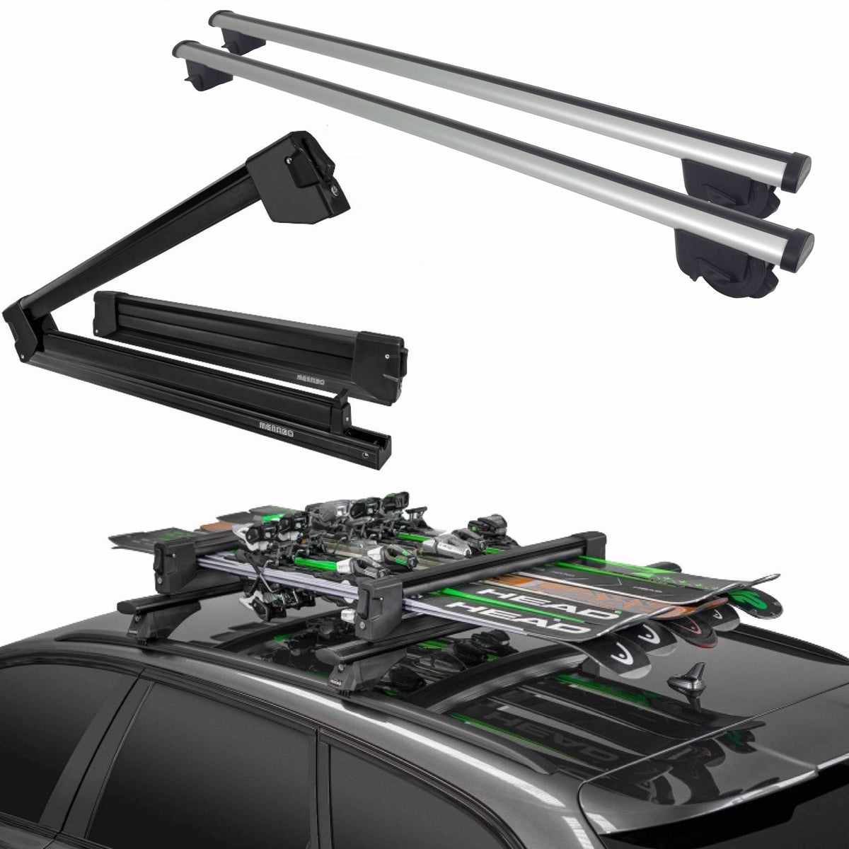 Barre Portatutto Farad Sime 130cm + Portasci YELO BLACK per 6 paia di sci o 4 snowboard per Bmw X3 - E83 dal 2004-2010 (5 porte) con Corrimano Alto