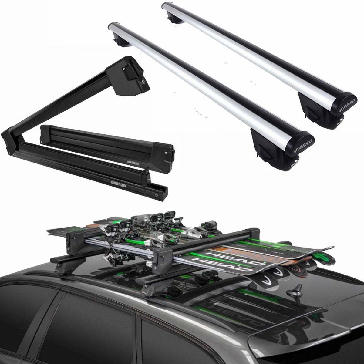 Barre Portatutto Farad BEAMAR 120cm + Portasci YELO BLACK per 6 paia di sci o 4 snowboard per Audi Q5 dal 2017> (5 porte) con Corrimano Basso